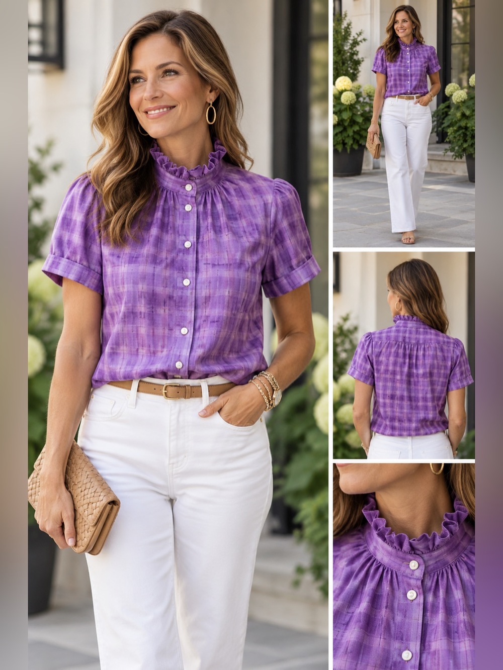 Rare KMJ Kate McHale Jensen Purple Plaid Ruffle Neck Shirt Small EUC